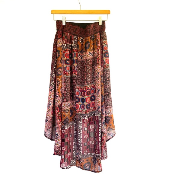 Miss Me High Low Skirt Burgundy Vintage Tapestry Pattern elastic Waistband S - Picture 2 of 10